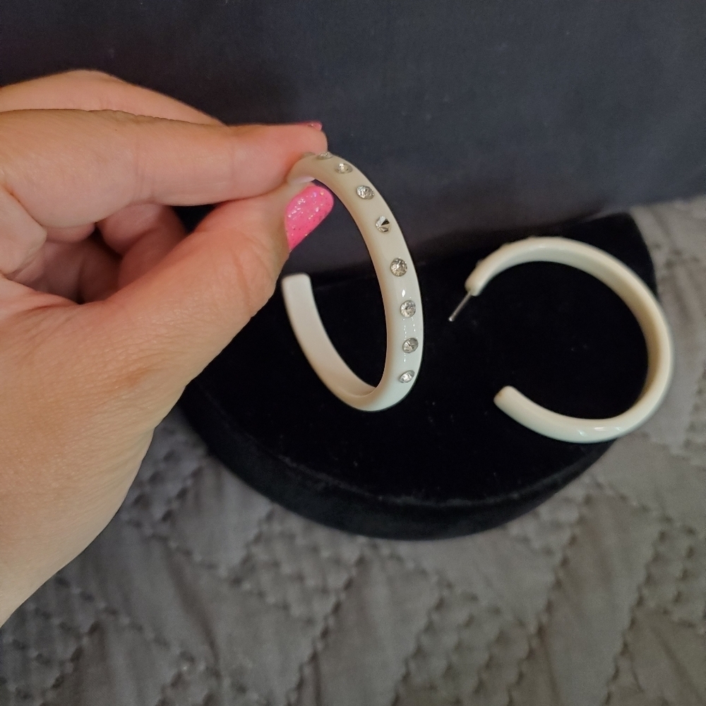 White & Rhinestone Hoop Earrings - Picture 6 of 8